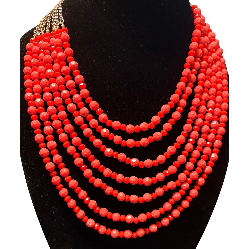 Premier Design Bib Necklace Women's Coral Red Good Multi-Strand Faceted Bead